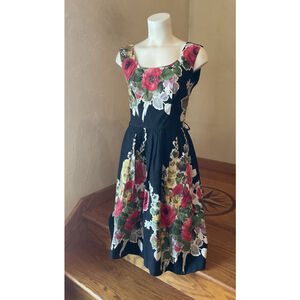 Vtg 90’s Women’s Black Floral S Cotton Swing Dress Rockabilly Pinup Crinoline